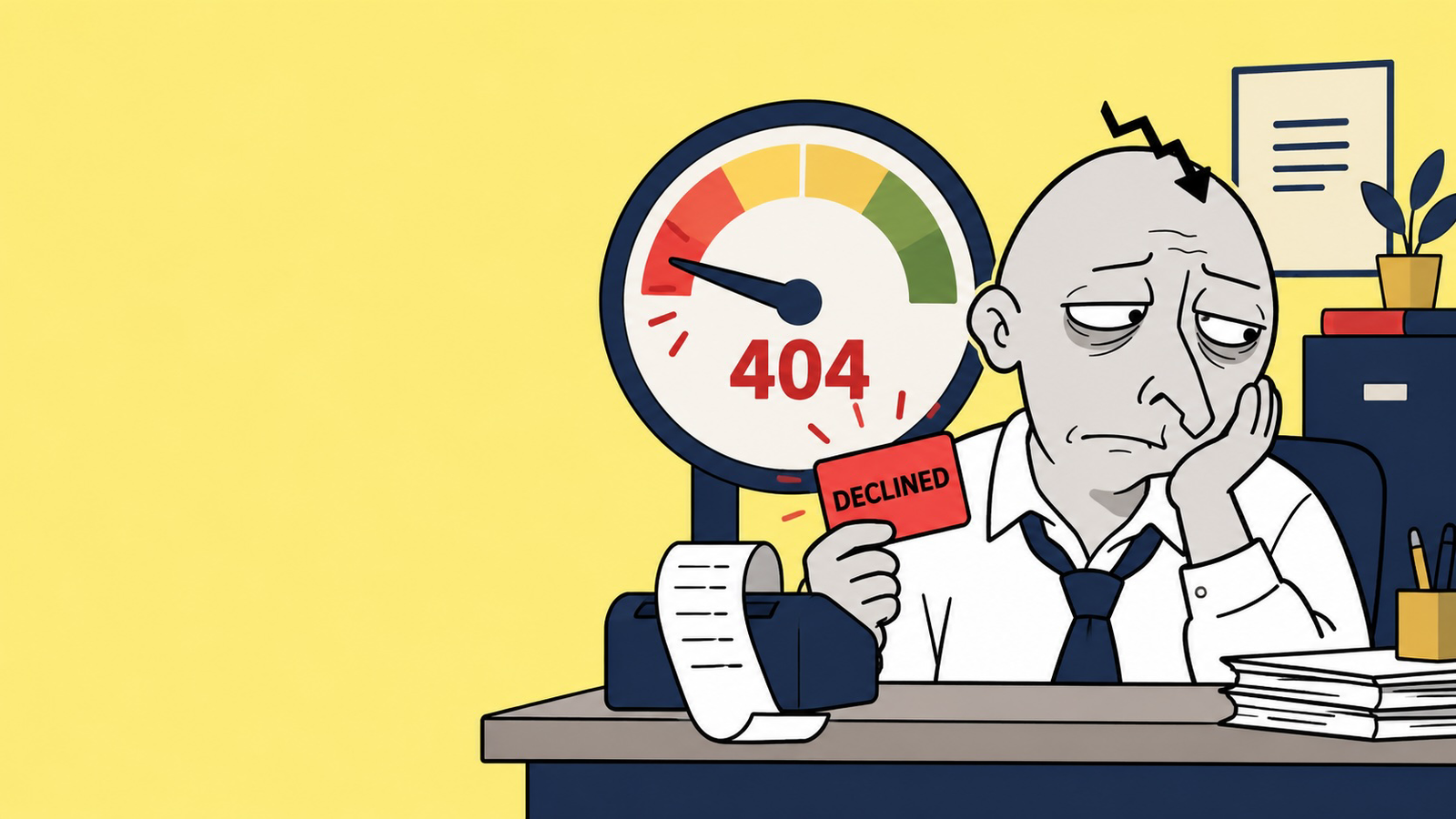 CREDJAK slumped at an office desk beside a credit gauge reading 404, clutching a declined red card.