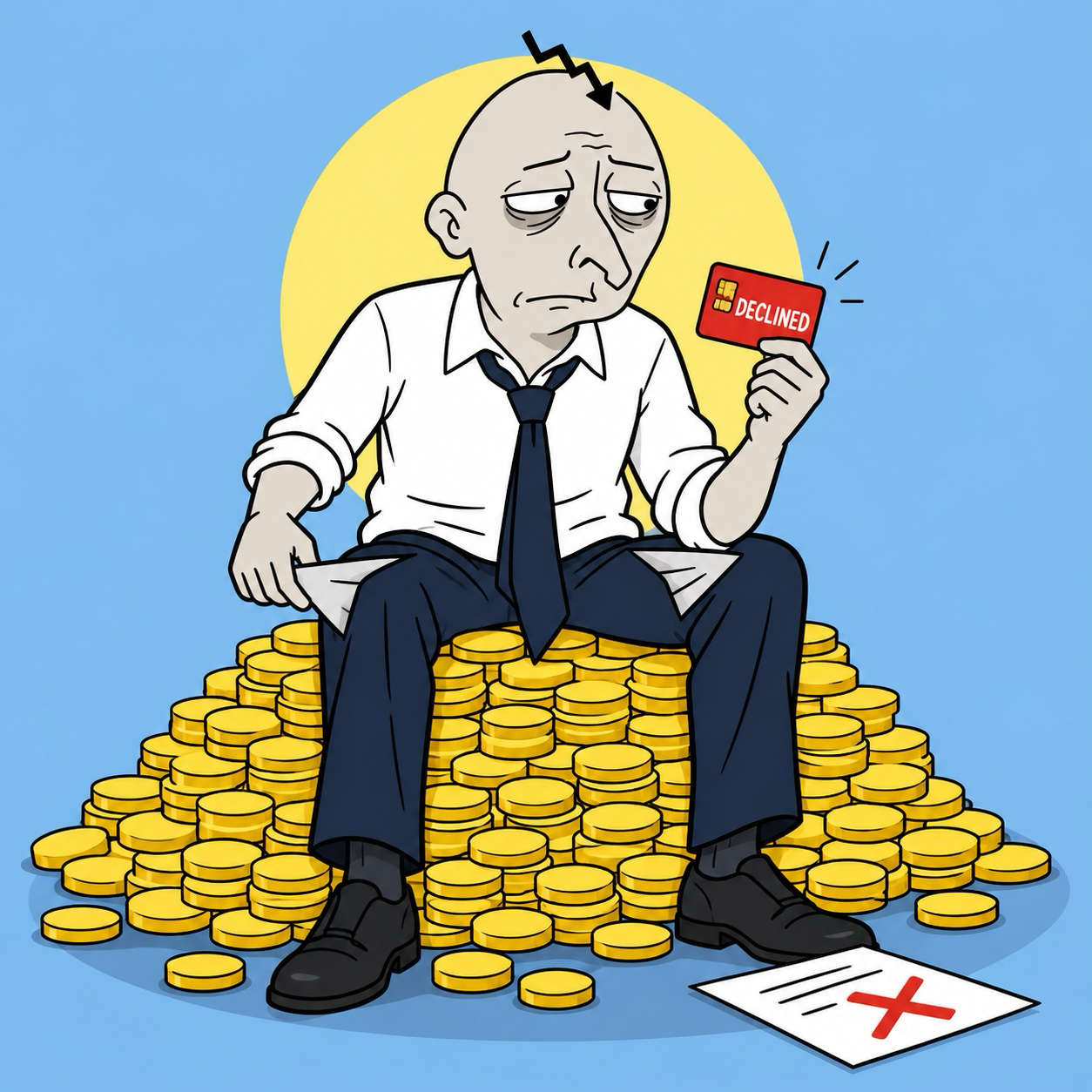 CREDJAK sitting on a mountain of gold coins, still holding a declined card, pockets turned out.
